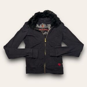 Y2K Black Fur Collar Zip-Up Jacket Size M-L? Mcbling Cybergrunge Twisted Heart
